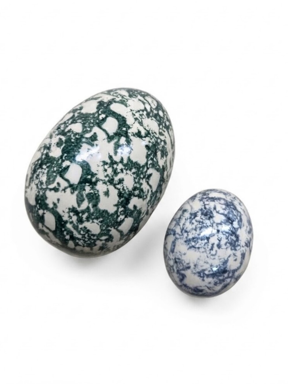 Set of 2 Vintage Ceramic Speckled Eggs | Green & Blue Spatter Glaze Farmhouse De